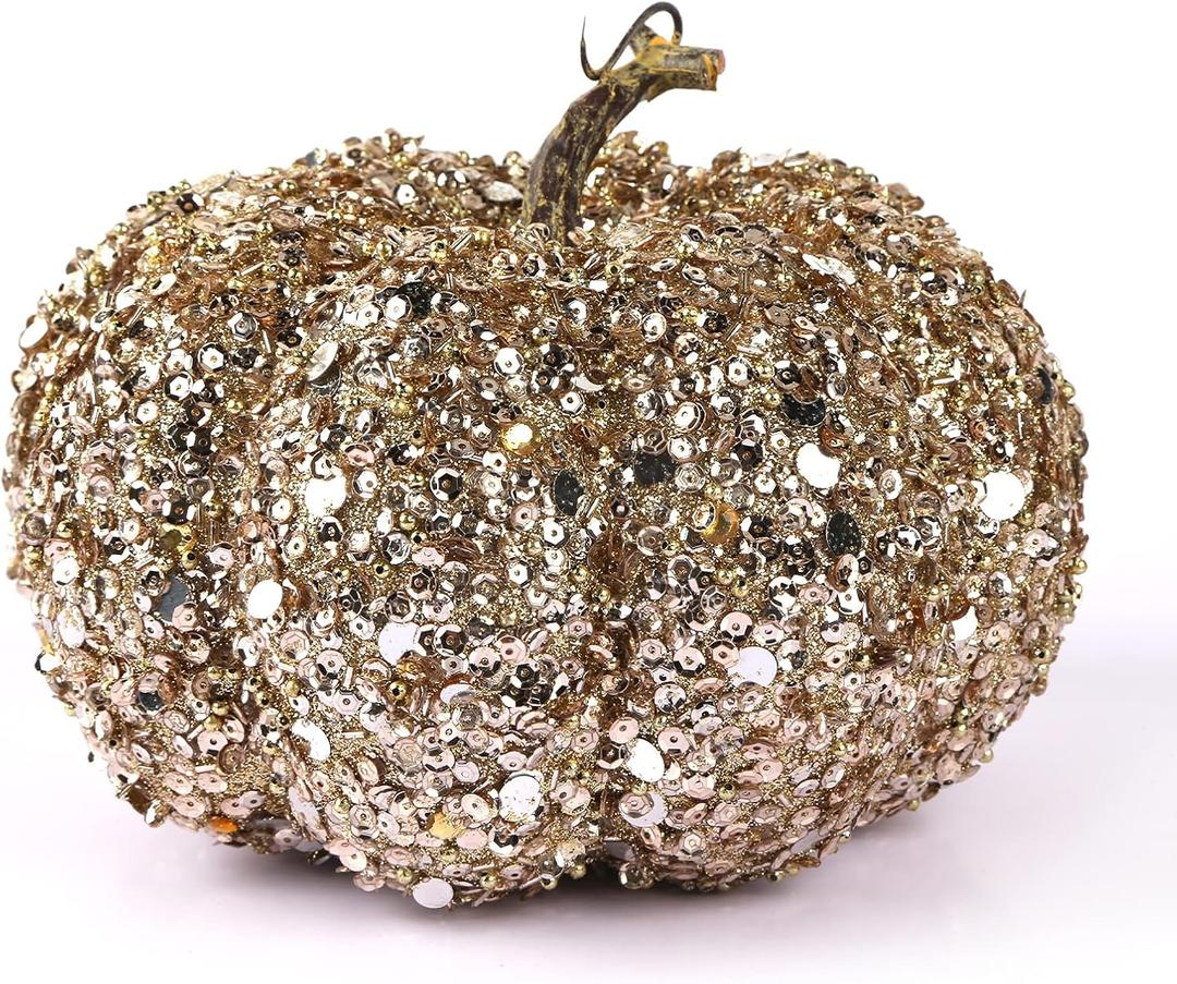 DomeStar Artificial Glitter Pumpkin, Gold Faux Pumpkin Harvest Table Centerpiece for Fall, Halloween & Thanksgiving Decorations (Color 1)
