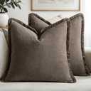 MIULEE Decorative Throw Pillow Covers Neutral Linen Fringe Throw Pillows Set of 2 Natural Coffee Boho Farmhouse Cushion Covers with Tassels for Couch Sofa Bed Living Room Spring Decor 20x20 Inch