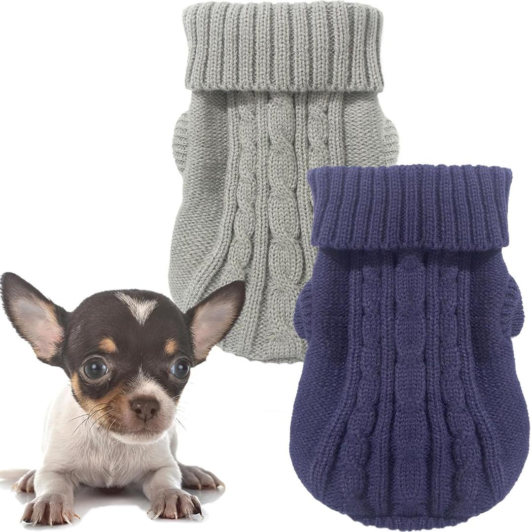 2 Pieces Dog Sweaters for Small Dogs, Chihuahua Yorkie Sweater, Dog Clothes for Small Dogs, Winter Warm Pullover Sweaters, Pet Cat Sweater Cold Weather Puppy Clothes Outfits (X-Small) (Navy Blue-Grey)