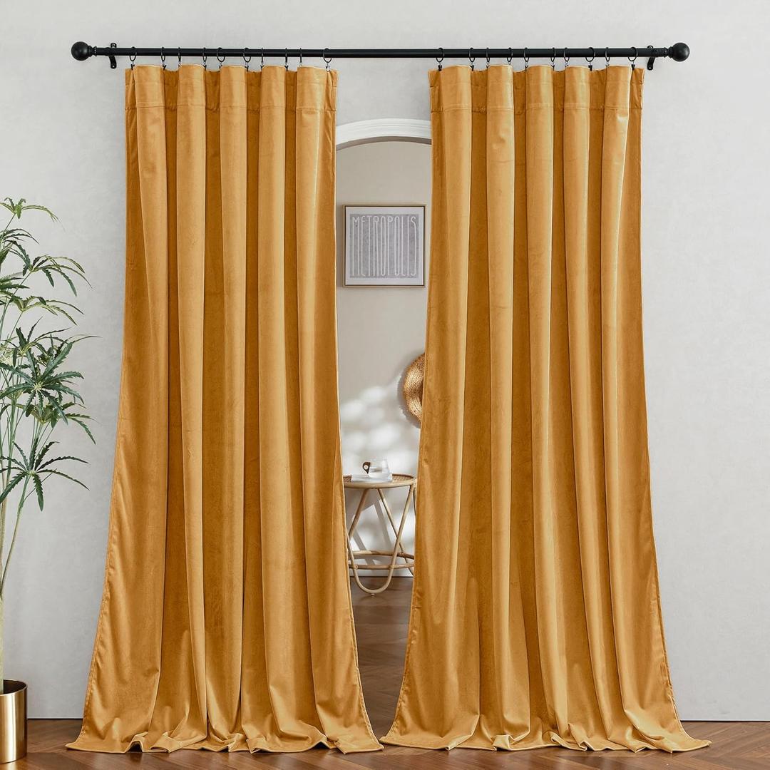 RYB HOME Velvet Curtains for Bedroom, Rod Pocket Soft Fabric Curtains & Drapes for Living Room, Sliding Glass Door, Marigold, W 62 x L 90, 2 Panels Set