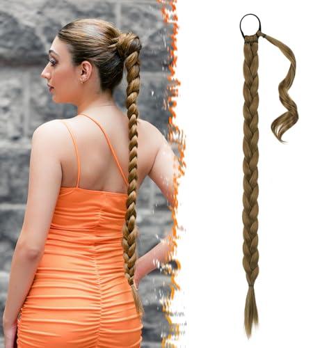 BARSDAR 34 Inch Long Braided Ponytail Extension with Hair Tie - Straight Sleek Wrap Around Brown Braided Ponytail Hair Extensions - Synthetic Pony Tails Hairpieces for Women - Light Golden Brown Mix