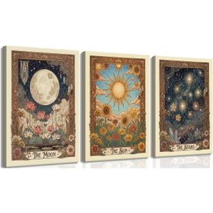 3Pcs Tarot Canvas Wall Art Boho Flower Mystical Astrology Painting Vintage Sun And Moon Celestial Botanical Posters Print for bedroom living room meditation space Decorations Direct Suspension