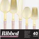 PLASTICPRO 40 Pieces Plastic Silverware Ribbed Elegant Premium Heavy Duty Pearl Pink & Gold Plastic Cutlery Set, Fancy Disposable Flatware