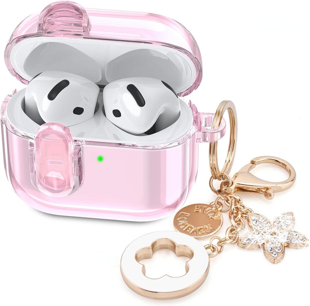 (with Safety Lock) Clear Case Compatible with Cute Apple Airpods 4 Cases 2024 Women, VISOOM Soft TPU Transparency Air pods 4 Gen Cases iPods 4 Earbuds Case Girl Bling Keychain for Airpod iPod 4th Gen