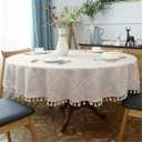 Round Tassel Plaid Tablecloth, Heavy Weight Cotton Linen Fabric Table Cover Kitchen Dining Tabletop Decoration, Beige Round 48" (Recommended for Table Sizes up to 32")