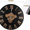 24 Inch Black Large Round Vintage Industrial Wall Clock with Real Moving Gears, Black Roman Numeral, Battery Operated, Silent, Farmhouse Decor for Home, Office, Living Room, Bedroom