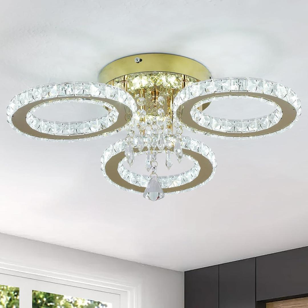 VETRULUS Modern 3-Ring Crystal LED Chandelier, Gold Flush Mount Ceiling Light Fixture, White Light for Bedroom, Dining Room, Hallway