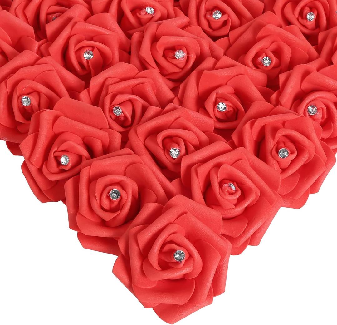 IPOPU 100pcs Red Foam Rose Artificial Flower Bulk with Crystal 3in Real Looking Stemless Fake Roses for DIY Craft Wedding Bouquets Wall Decoration Bridal Shower Arrangement Home Decorations(Red)