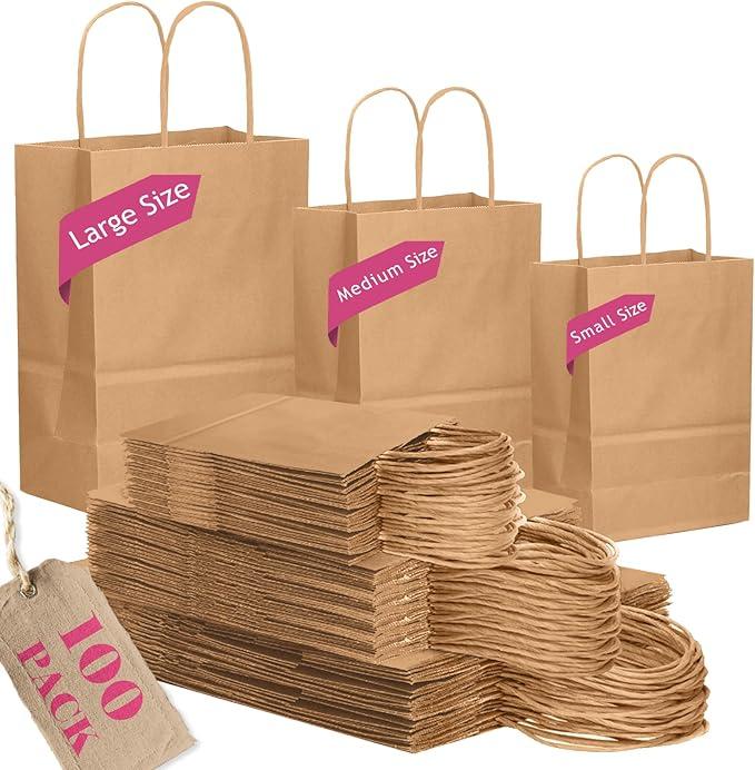 qiqee 100PCS Gift Bag with Handles Bulk Kraft Orange Paper Bags Assorted Sizes (33-Large, 33-Medium, 34-Small)