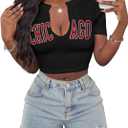 Hilinker Women's Sexy Graphic Crop Tops Short Sleeve V Neck T Shirts Summer Tees Black Chicago Large (Black, L)