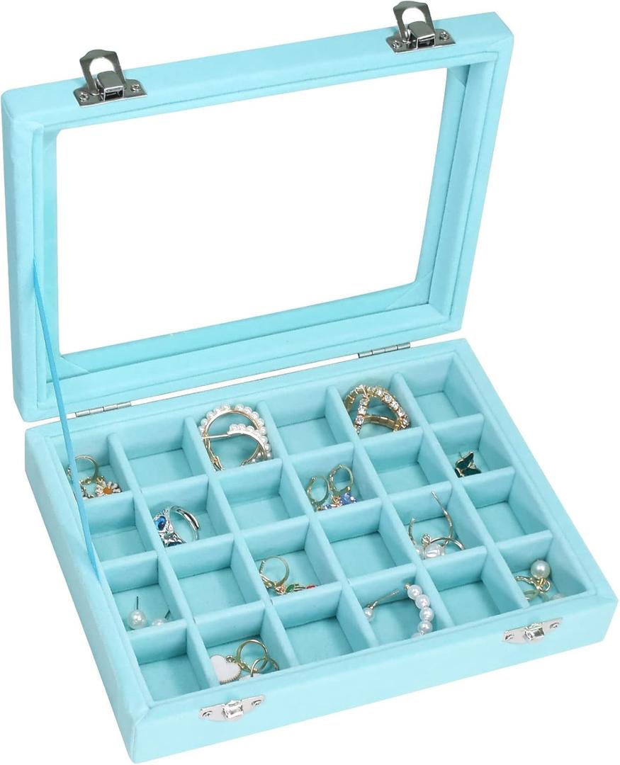 Vicoter Velvet Jewelry Box 24 Grid Jewelry Ring Display Organiser Box Tray Holder Earrings Storage Case for Girls Wife Mom Women (Light Blue)