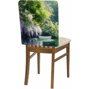 Dining Chair Cover Set of 3, Removable Chair Back Covers Green Tree Leaf Flower Boat on Lake Washable Kitchen Chairs Slipcover for Home Dining Room Office Hotel Natural Forest Landscape (Seagreen Lavender White)