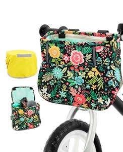 ANZOME Kids Bike Basket, Black Floral Bicycle Handlebar Bag with Waterproof Cover, Durable Nylon Front Basket for Boys and Girls, Easy Install, Large Storage Space, Gift for Holidays