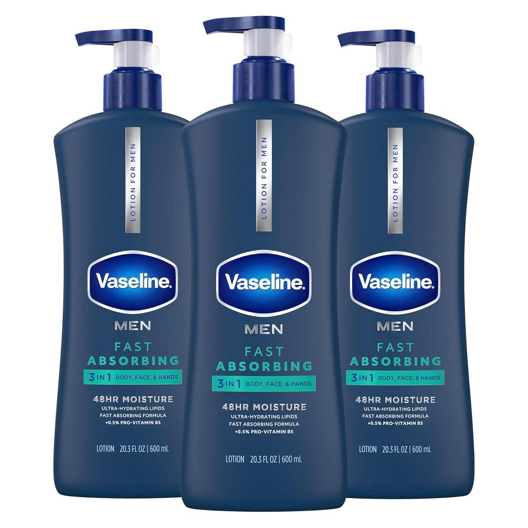 Vaseline Men's Healing Moisture Hand & Body Lotion For Dry or Cracked Skin Fast Absorbing Non-Greasy Lotion for Men 20.3 oz, Pack of 3