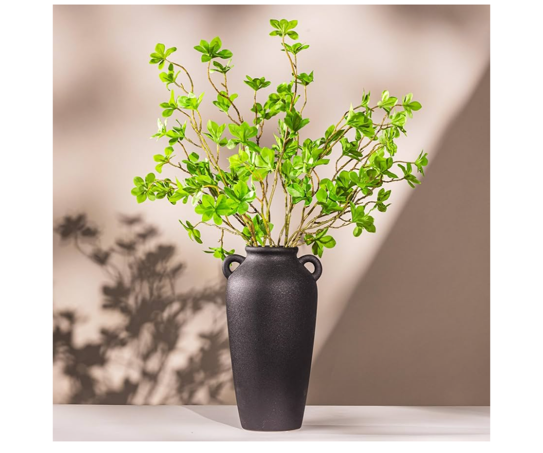 12 Inch Tall Black Ceramic Vase, with 5 Branches of 25 Inch Faux Artificial Vibrant Greenery Stems Set, Textured Minimalist Jug, Fake Stem Plants, Decorative Farmhouse, Console Table Centerpiece Decor