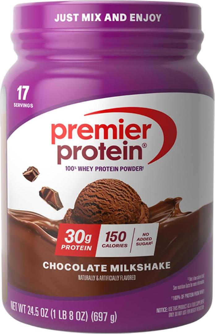 Premier Protein Powder, Chocolate Milkshake, 30g Protein, No Added Sugar, 100% Whey Protein, Keto Friendly, Soy & Gluten Free, 24.5 oz (17 Servings) (EXP 04/18/26)