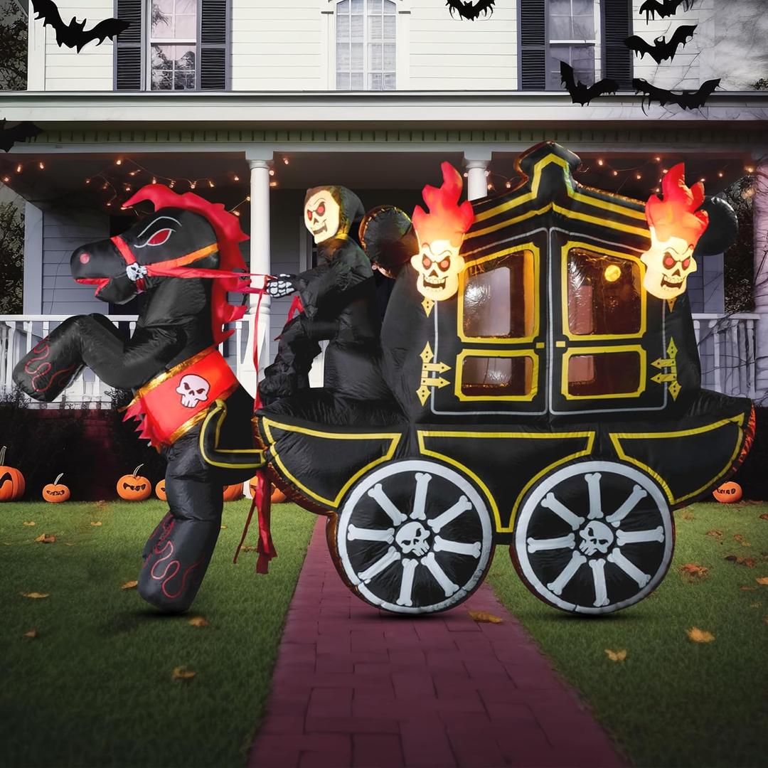 Joiedomi 10 Ft Long Halloween Inflatables Carriage Outdoor Decorations with Hellfire Design, Inflatable Carriage with Build-in LEDs Halloween Blow Up for Yard, Party Decoration Outside Garden Lawn