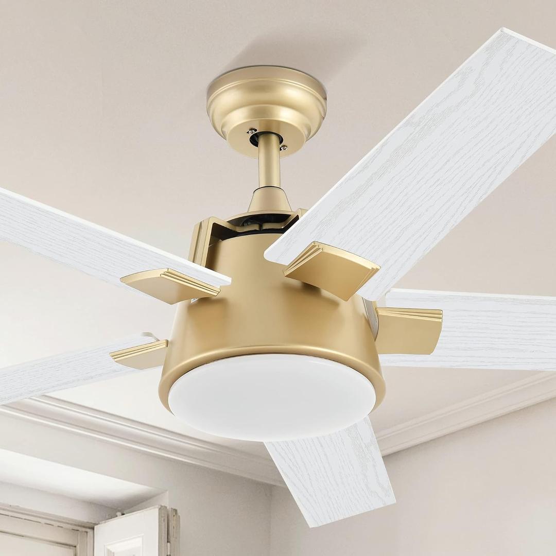 YITAHOME Ceiling Fan with Light and Wall Switch Remote, 52 Inch Modern Gold White Fan, Quiet Reversible Motor, Dimmable LED Color, Memory Function for Bedroom Living Room Patio Indoor