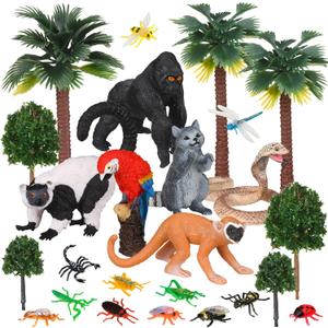 Jexine 25 Pack Rainforest Animals Figures Toys Set Assorted Creatures Rainforest Diorama Supplies Animals Model Trees for Birthday Party Favors, Piata Fillers, for Boys and Girls