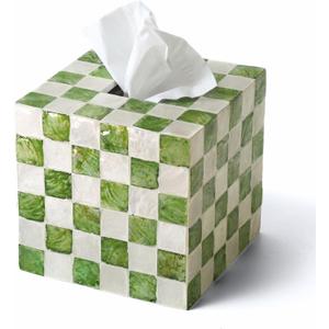 CHI AN HOME 5.7" Square Tissue Box Cover, Handmade Checkered Cube Tissue Box Cover with Capiz Shells, Decorative Tissue Holder for Living Room, Bathroom, Bedroom or Office (Pistachio Green)