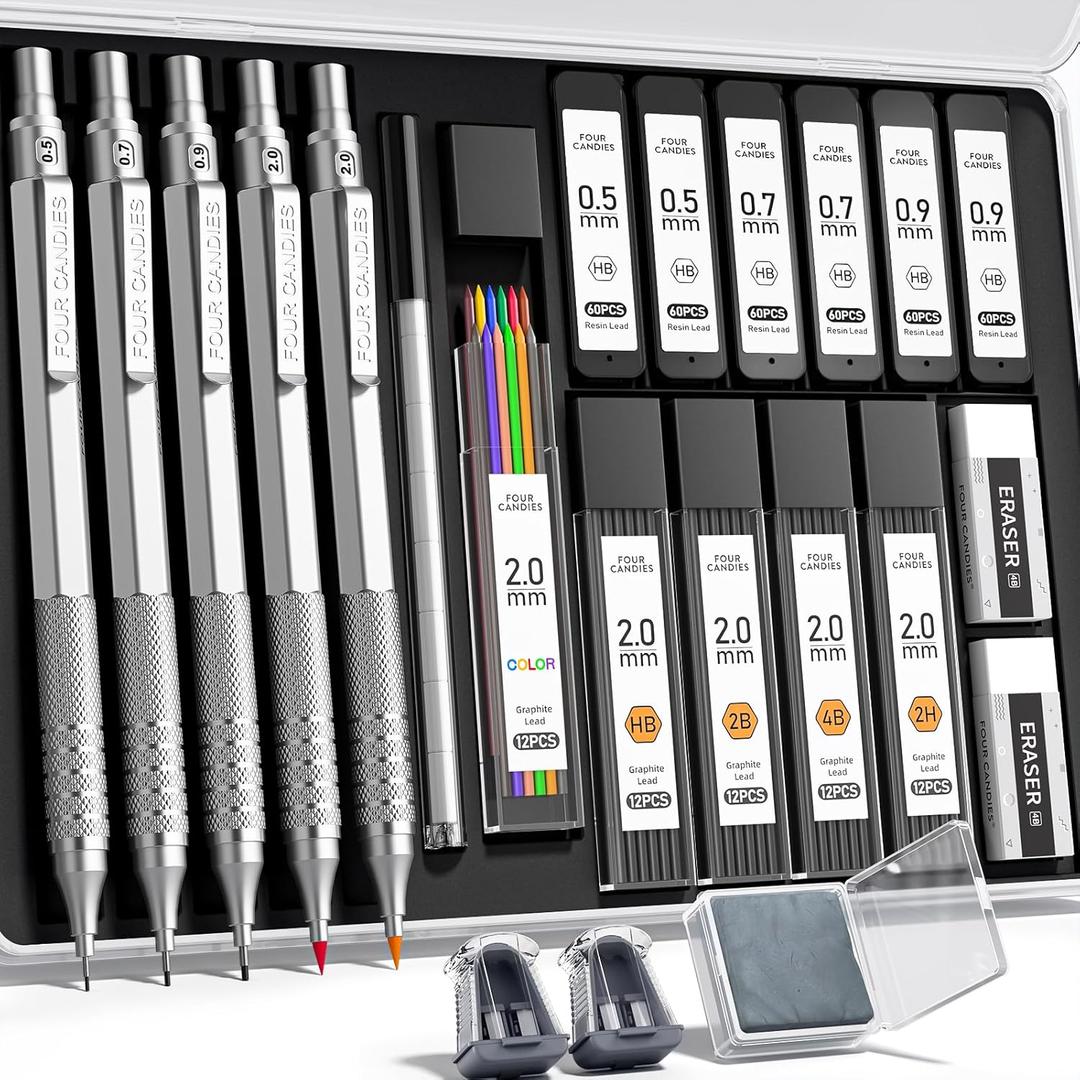 Four Candies Metal Mechanical Pencil Set, 3PCS Art Drafting Pencils 0.5, 0.7, 0.9MM & 2PCS 2MM Mechanical Drawing Pencils with 420PCS Leads (4B 2B HB 2H Color) for Writing Sketching Drawing (Silver)