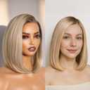 GORGIUS Ombre Blonde Bob Lace Front Wigs with Brown Roots Pre Cut Glueless Side Part Short Straight Wig For Women Pre Plucked Hairline 12 Inch (#T4633)