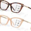 2 PCS Eye-catching Progressive Multifocus Reading Glasses Women, Trendy Cat Eye Computer Readers with Twist Temples, Anti Blue Light/Eyestrain Multifocal Glasses, 1.75x (Top is not 0) (Progressive - Tortoise + Light Apricot (Not Fit for Large/Wide Face))