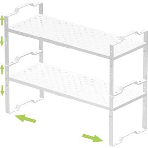 Jojocross Expandable Shelf for Cabinet Organizer Adjustable Stackable Spice Rack at Kitchen and Bathroom More, Counter Countertop Cupboard Organization Pantry Storage, (2 Packs/White, Large) (LARGE:10.1"D x 16.5"~27.1W x 10.6"H)