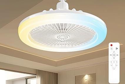 Socket Ceiling Fan Light Screw in with 3 Color Temp, Low Profile Enclosed Dimmable Fanlight with Remote, 10 inch Small Adjustable White E27 LED Ceiling Lights for Bathroom/Bedroom/Garage