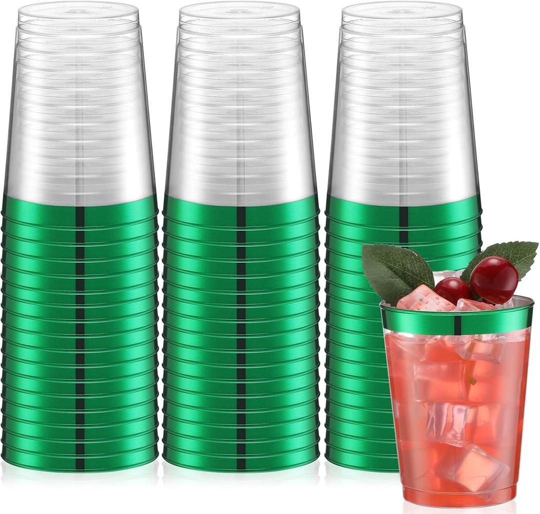 Norme 50 Pcs 10 oz Plastic Party Cups Clear Plastic Disposable Tumblers Rimmed Cups for Wedding, Thanksgiving Day, Christmas, Drinking(Green)