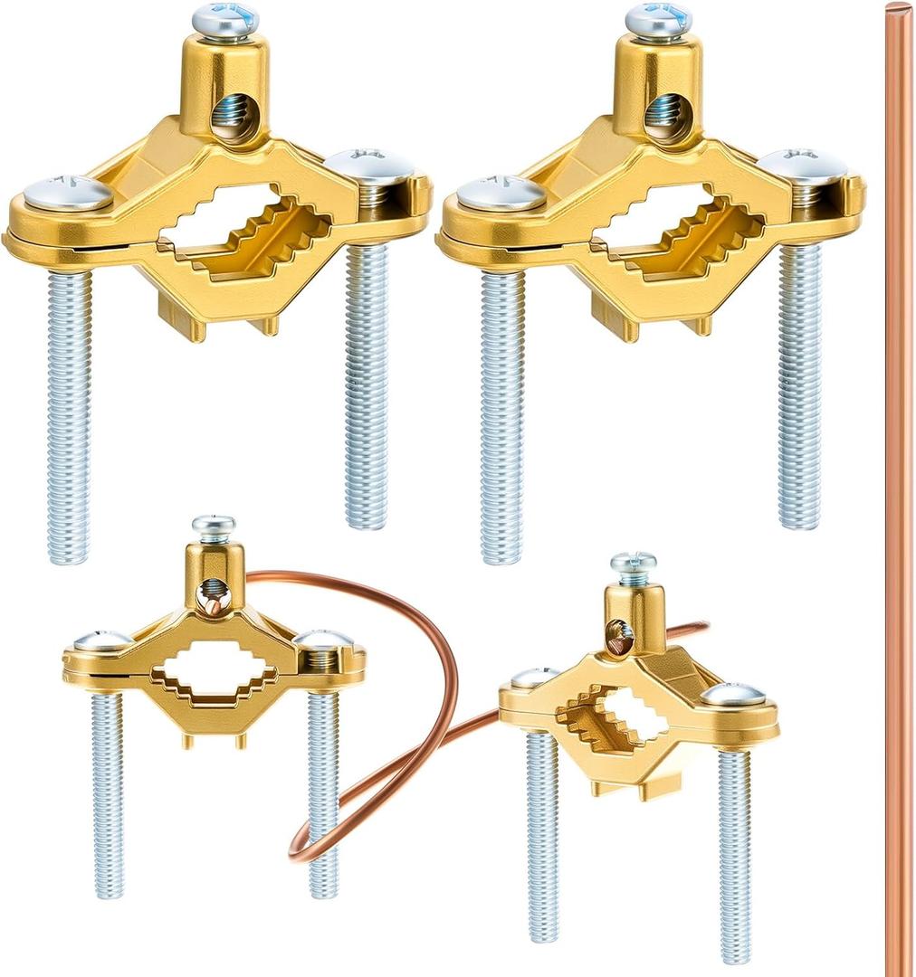 6 Pcs Ground Clamp Kit Includes 4 Pcs 1/2"-1" Pipe Clamp Conduit Fitting, 2 Pieces 17.7 Inch Copper Rods, Water Heater Bonding Kit, Copper Alloy Wire, for Bonding Ground Wire to Water Pipe or Steel