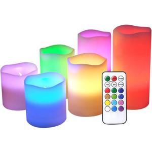 DRomance Flameless Flickering Candles Color Changing with 18-Key Remote Timer, Battery Operated Real Wax Set of 6 LED Pillar Candles Indoor Valentine's Day Romantic Decor(3" x 3"-6")