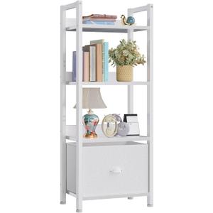 Furologee White 4 Tier Bookshelf with Drawer, Small Narrow Bookcase with Shelves, Modern Free Standing Shelf Unit, Wood and Metal Display Storage Shelves Organizer for Bedroom, Living Room, Entryway