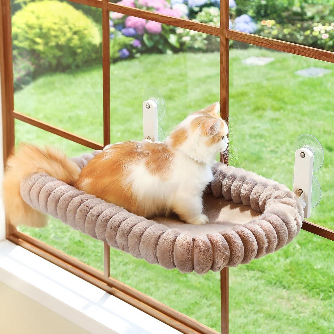 Zakkart SnugCloud Foldable Cat Window Perch - Cordless, Ultra Soft Machine Washable Bed with 4-Sided Bolster, Metal Frame - Window Hammock for Large Cats and Kittens (Brown, Large) (Large (24.8"x15.7"))