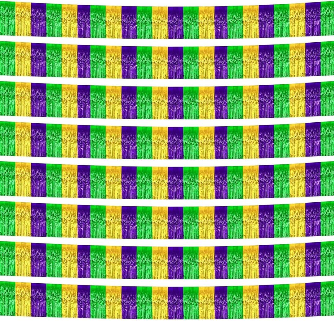 10 Pack 10 Feet Mardi Gras Foil Fringe Garland Mardi Gras Parade Float Fringe Metallic Streamers Tinsel Fringe Banner for Birthday Party Decor St Patrick Halloween Christmas Decoration (Green Gold Purple)