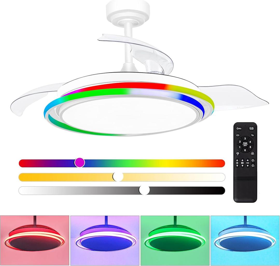 Retractable Ceiling Fan, 42 Inch Ceiling Fans with Lights and Remote, White RGB Ceiling Fan with 6 Speeds Reversible Blades, Modern Ceiling Fan for Bedroom Living Room Kitchen