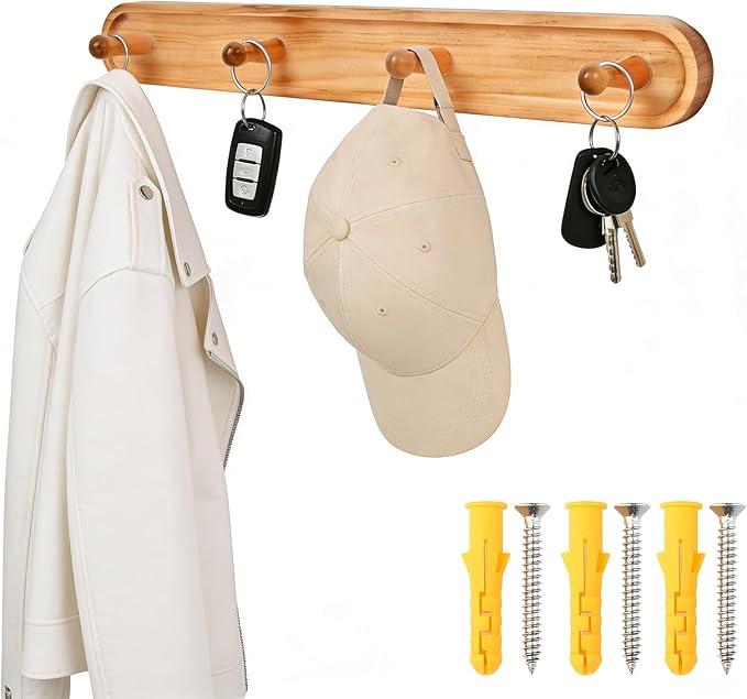 15.2inch Wood Wall Hooks,Solid Wood Coat Rack， Wooden Coat Rack Wall Mount,4 Wooden Hooks for Hanging，Simple Design for Home Organization