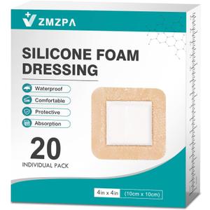 20Pcs Silicone Foam Dressing 4x4 Gentle Border, Waterproof Silicone Bandages for Wounds Care, Bed Sore Patches, Super Absorbent Wound Dressing, Self Adhesive Pressure Sore Pads