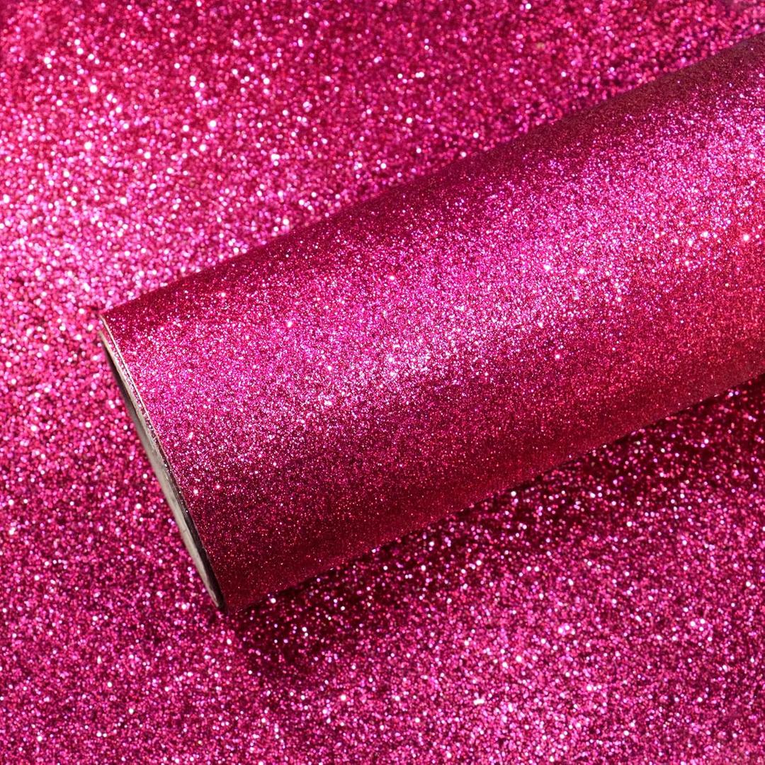 VEELIKE Hot Pink Glitter Wallpaper Stick and Peel Sparkle Pink Wallpaper for Girls Bedroom 15.7''x354'' Removable Glitter Fabric Vinyl Roll Self Adhesive Pink Contact Paper for Walls Cabinets Drawers