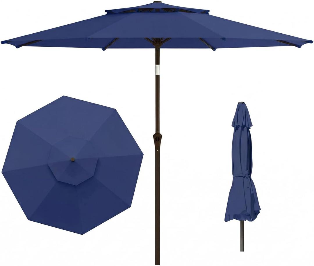 10FT Outdoor Patio Umbrella, 2 Tiers Market Table Umbrella with 8 Sturdy Ribs, Push Button Tilt and Crank, UPF50+ UV Protection for Deck, Pool, Garden and Backyard