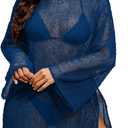 Lilosy Sexy Crochet Sheer Kaftan Caftan Beach Dress Bathing Suit Swim Coverup Summer Vacation Outfits One Piece (Medium, Navy Blue)