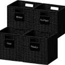 UBBCARE 4 Pack Small Wicker Basket, 99 Storage Cubes with Label, Foldable Cube Storage Bin with Handle, Square Storage Basket for Shelves, Woven Paper Rope Basket for Organizing, Black