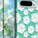 Hocase for Google Pixel 9 Pro XL Case, Shockproof Heavy Duty Protection Hard Plastic+Silicone Rubber Bumper Hybrid Protective Case for Google Pixel 9 Pro XL 6.8" 2024 - White Flowers in Teal