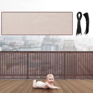 Hosuly Banister Guard 15 x 2.6 ft Balcony Netting for Kids Pets Stairway Safety Net Baby Fence Door Balcony Netting Safety Mesh Stair Net with No Drilling for Apartment Railing(Brown)