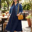 OLRIK Plus Size Maxi Dresses for Curvy Women - Flowy Boho Summer Dress with Pockets, V-Neck Short Sleeve for Beach Vacation (Blue, XXL)