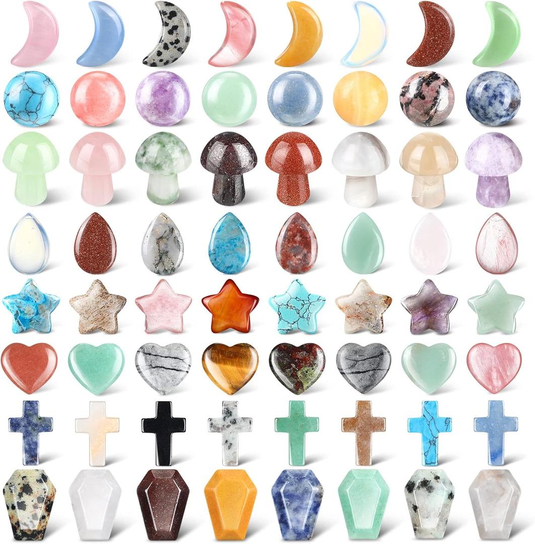 Nuenen 64 Pcs Crystals Worry Stones Bulk Healing Crystals Cross Coffin Moon Star Gemstone Teardrop Palm Pocket Quartz Sphere Ball Combination Bulk for Christmas Witchcraft Supplies