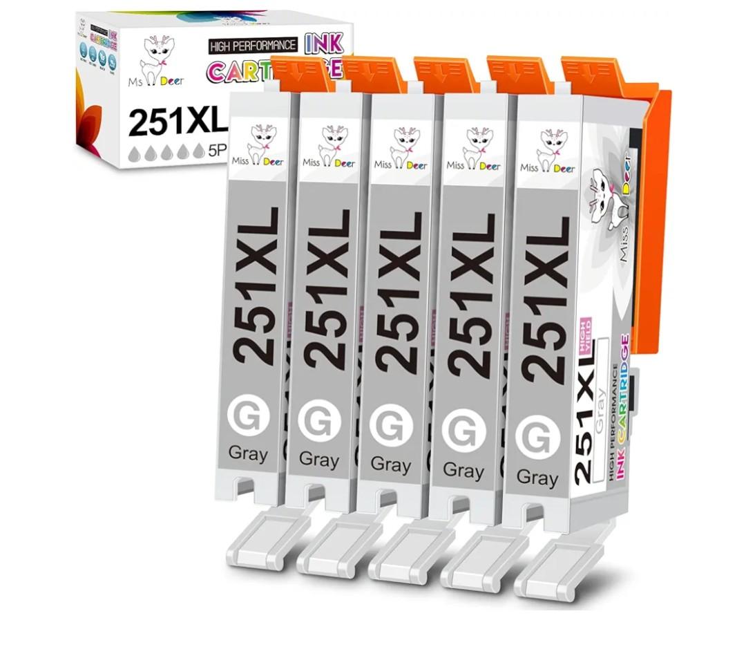Miss Deer 251 Ink Cartridges Gray, Compatible Replacement for Canon 250 XL CLI-251XL GY PGI-250XL High Yield Work for Canon Pixma MG6320 MG7120 MG7520 iP8720 Printer 5-Pack (5 Grey)