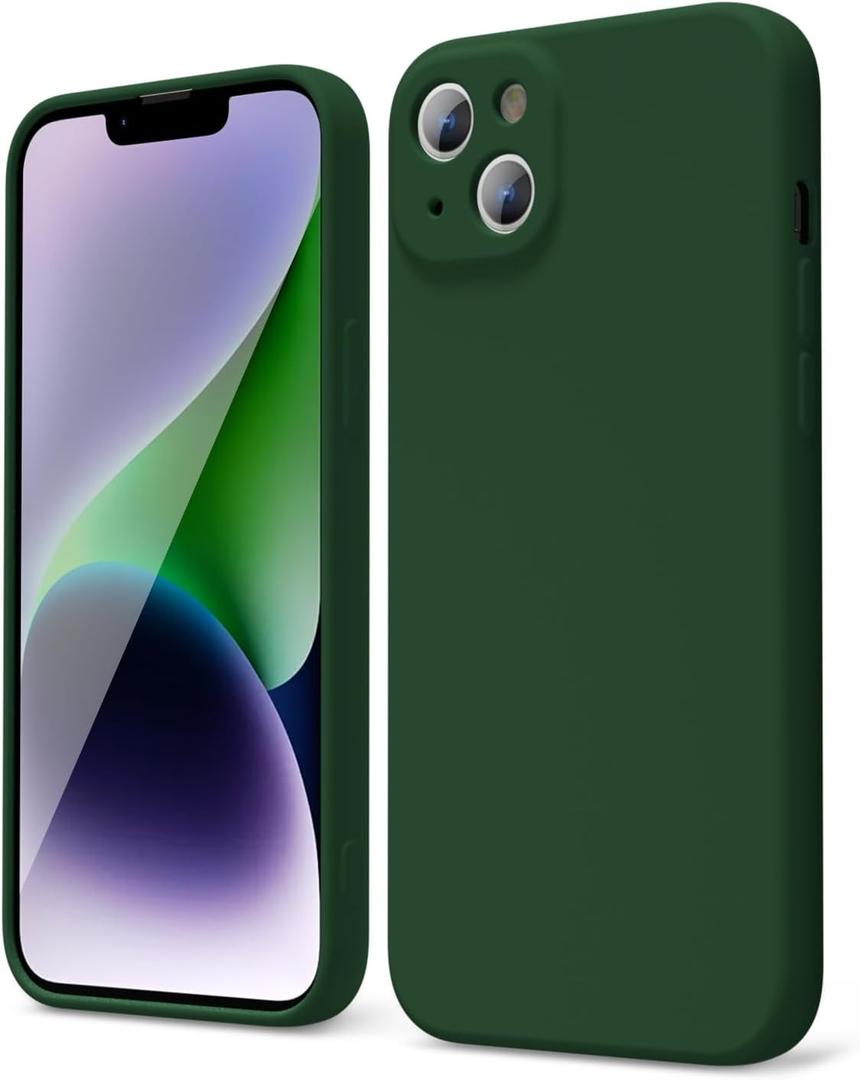oakxco for iPhone 14 Plus Phone Case Liquid Silicone, Cute Thin Slim Soft Rubber TPU Plain Smooth Gel Cover for Women Girl, Matte Solid Protective & Shockproof, Dark Forest Green