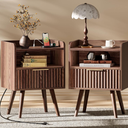 Huuger Nightstand with Charging Station, USB-C Port, Fluted Night Stand Set of 2, Bed Side Table with Drawer, Solid Wood Feet, Open Storage, End Table with Raised Edge, for Bedroom, Walnut