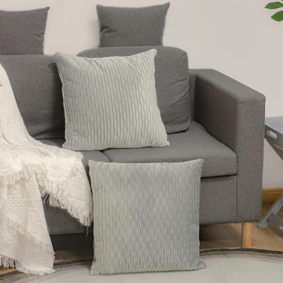 CAROLMADE Set of 2 Velvet Throw Pillow Covers 18x18 Soft Striped Decorative Pillow Covers Square Cushion Case for Couch and Bed, Light Grey